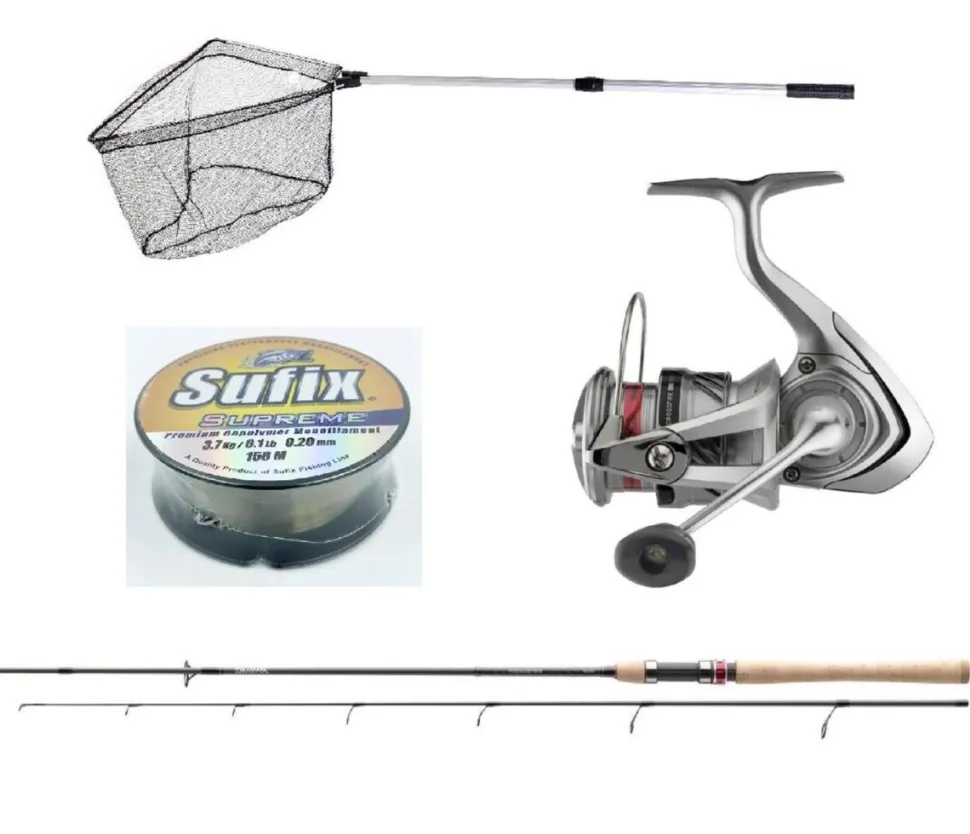 Daiwa Barsch-/Forellencombo 2,10m / 10-30g + Spinnrolle + Kescher + Schnur Angelset