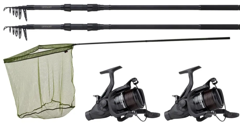 JRC Defender Carp Karpfencombo 2x Tele Karpfenruten 2x Freilaufrolle + Kescher Bundle