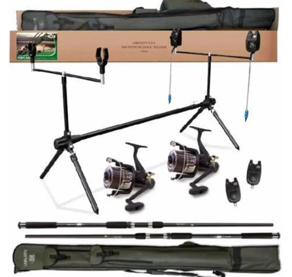 LINEAEFFE Top Carp Angelset 2 Ruten 2 Freilaufrollen + Rodpod + Bissanzeiger + Futteral