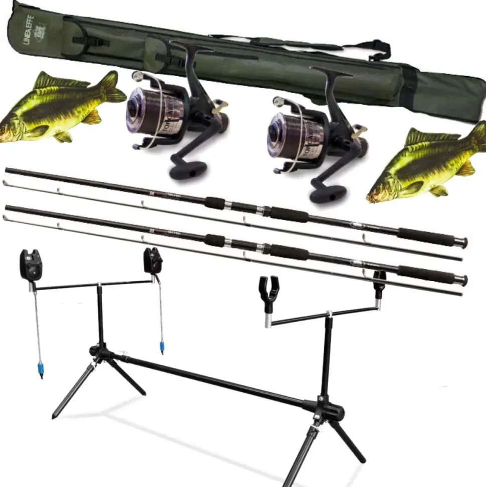 LINEAEFFE Top Carp Angelset 2 Ruten 2 Freilaufrollen + Rodpod + Bissanzeiger + Futteral