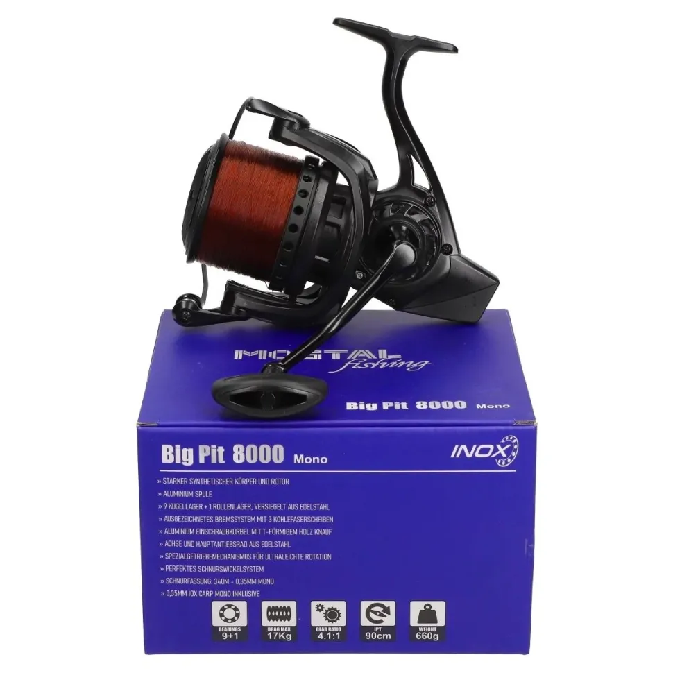 Mostal Karpfencombo Big Pit 8000 + CR 8 Carp 12ft 3,50lbs + Schnur Karpfen Angelset